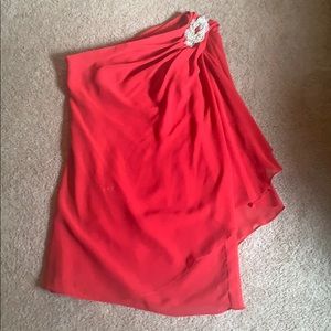 Asymmetrical, red chiffon mini dress